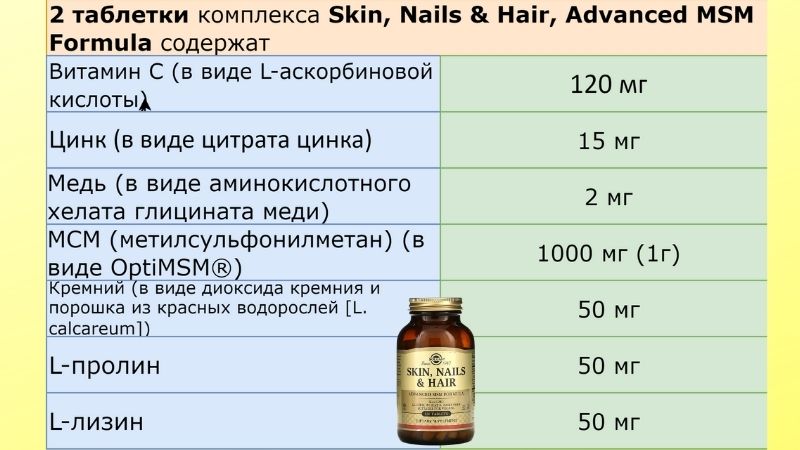 Обзор комплекса для кожи волос и ногтей с мсм (skin, nails & hair, advanced msm formula) от компании solgar: инструкция, состав