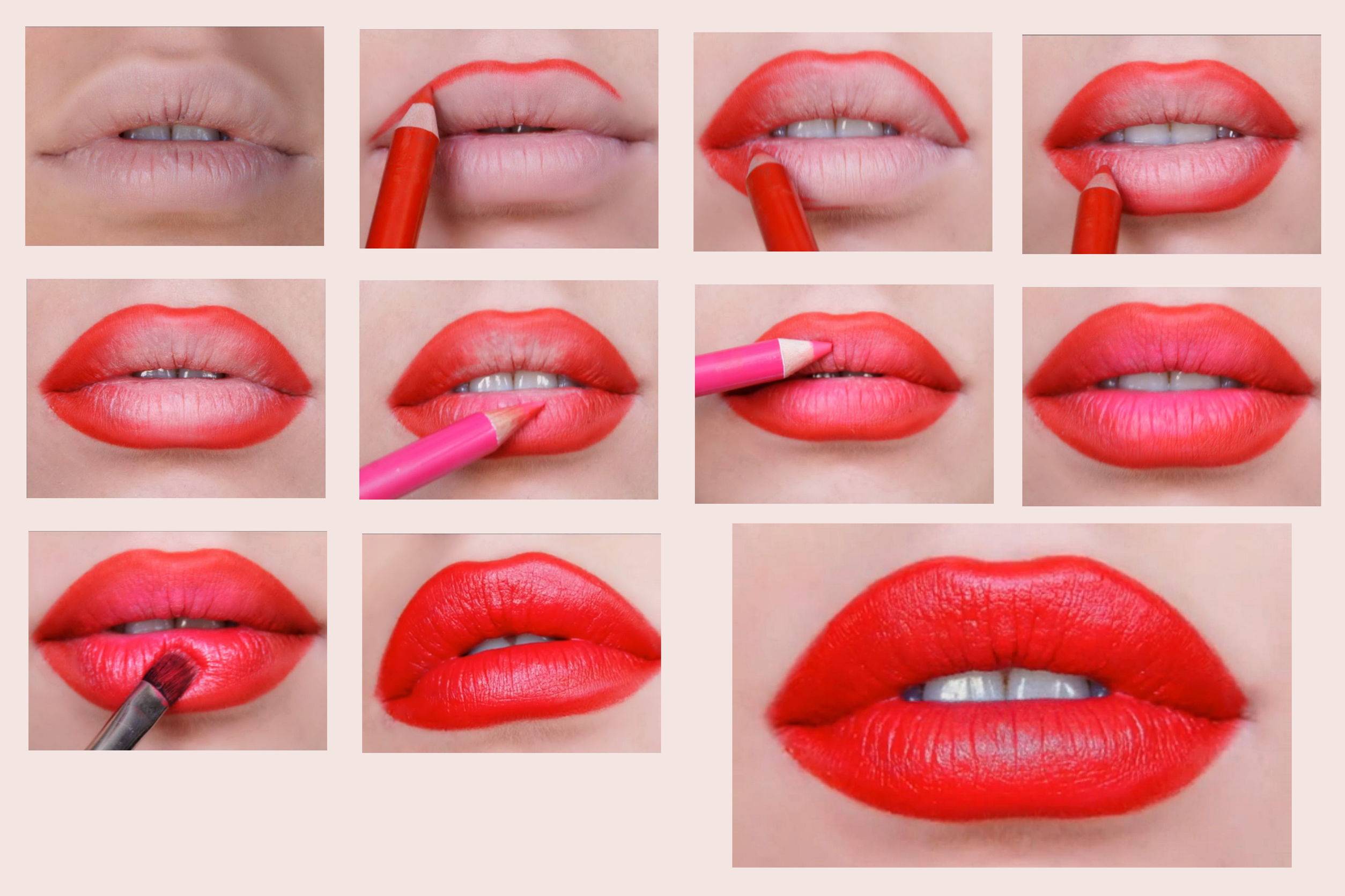 Как правильно красить губы, наносим помаду, увеличить губы в объеме , порядок нанесения помады в несколько шагов