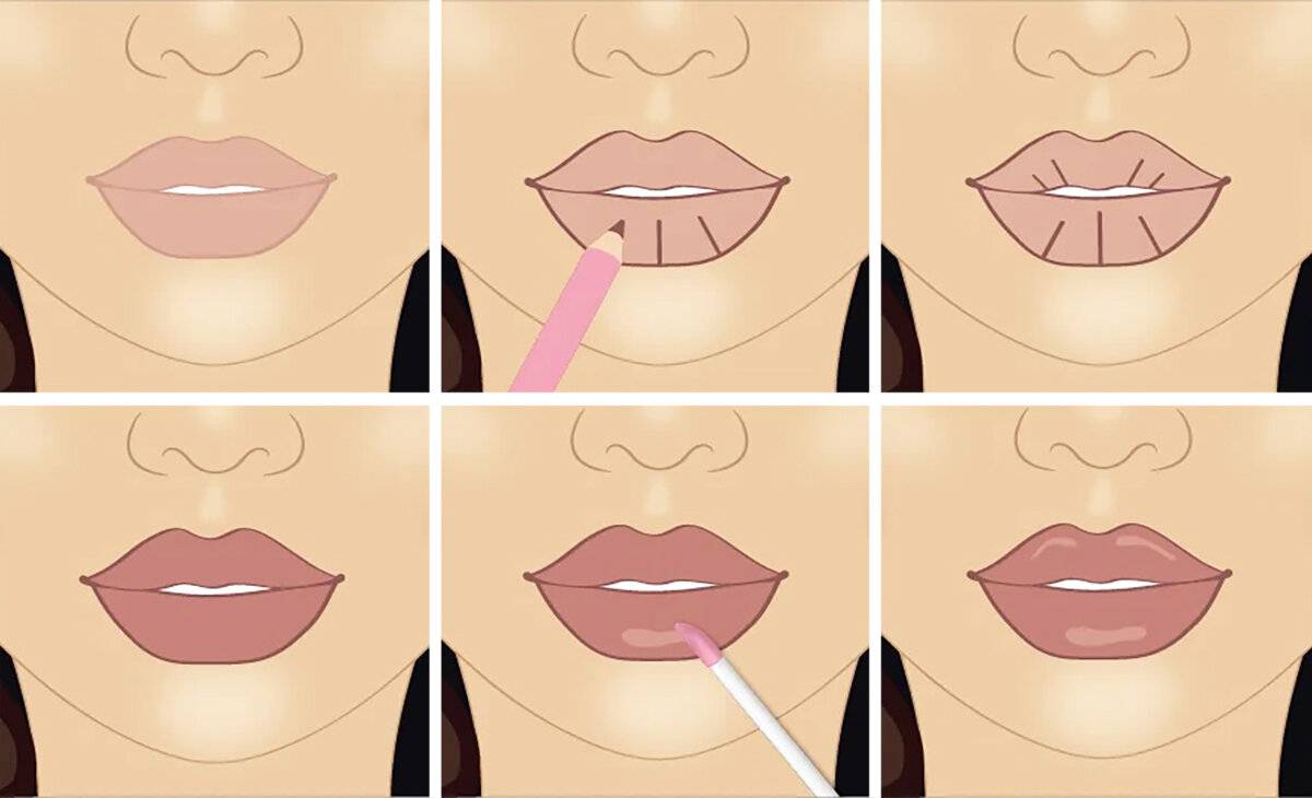 Увеличить губы макияжем. Губы накрашенные карандашом. Схема макияжа губ. Макияж губ эффект увеличения.