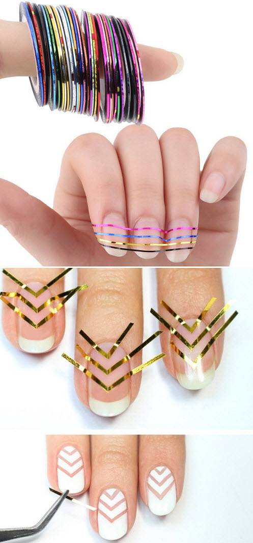 Маникюр с полосками-лентами на короткие ногти, дизайн с фото